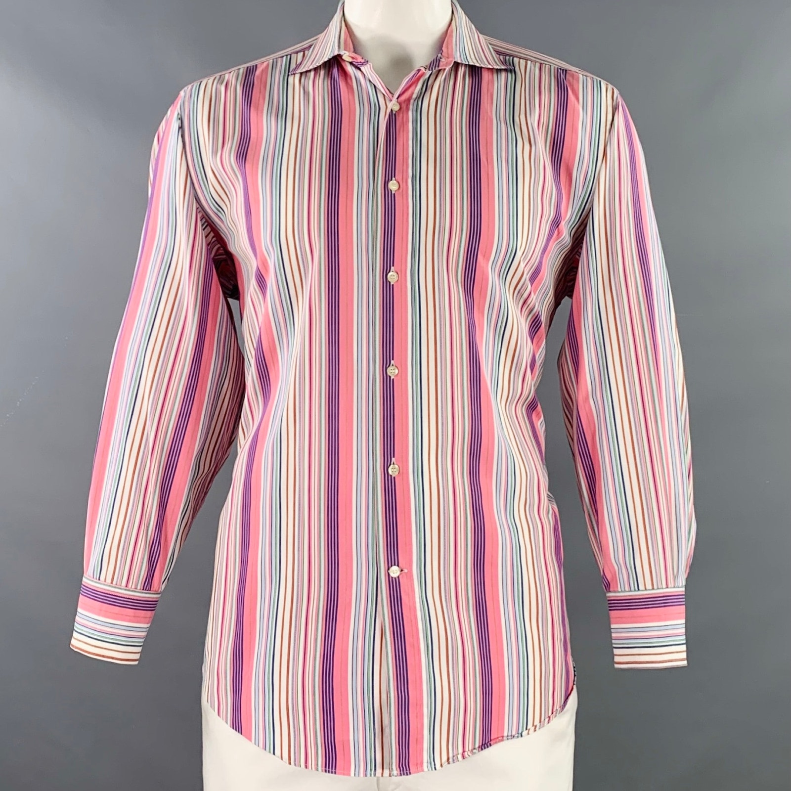 Etro Size 42 Pink Multi Color Stripe Cotton Spread Collar Long Sleeve Shirt